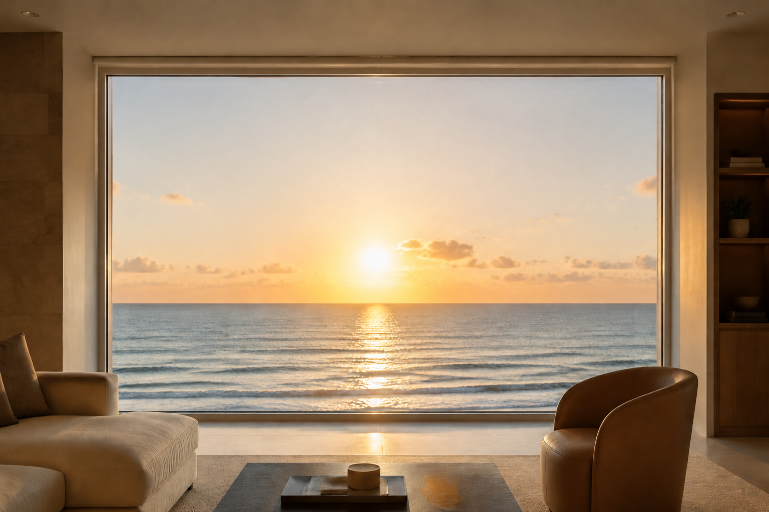 Oceanfront window revealed as a motorized solar shade rises